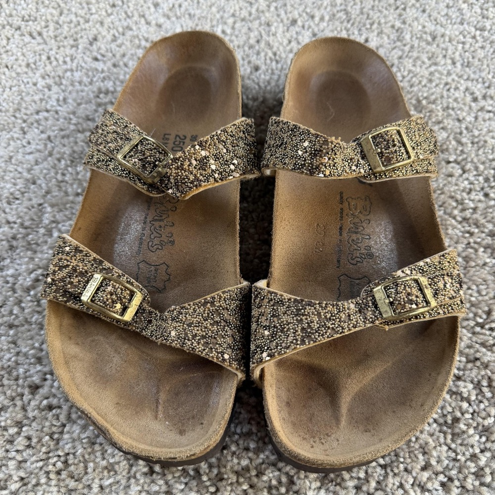 Birki's Sandals Womens Size 8 Gold Leather Glitter Slide Buckle Two Strap